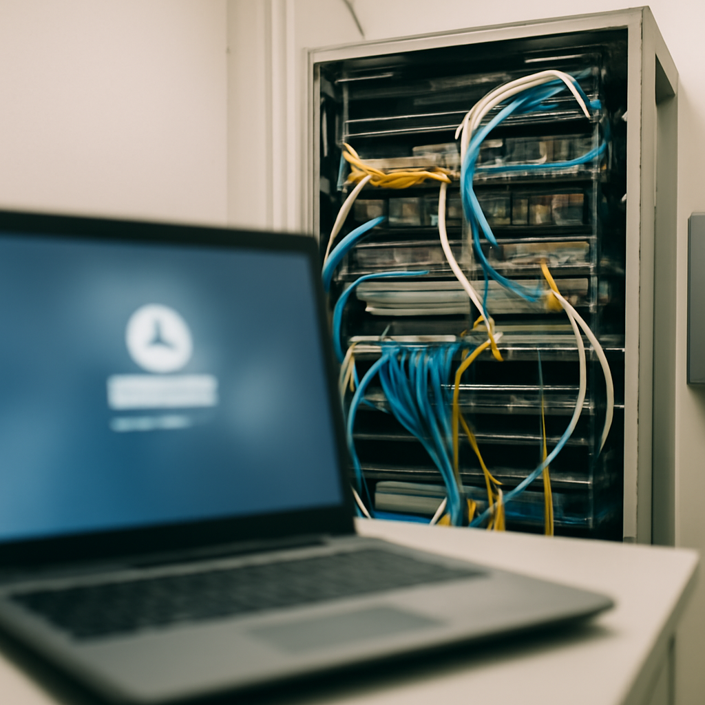 Blurred computer workstation in foreground, network equipment rack in background.