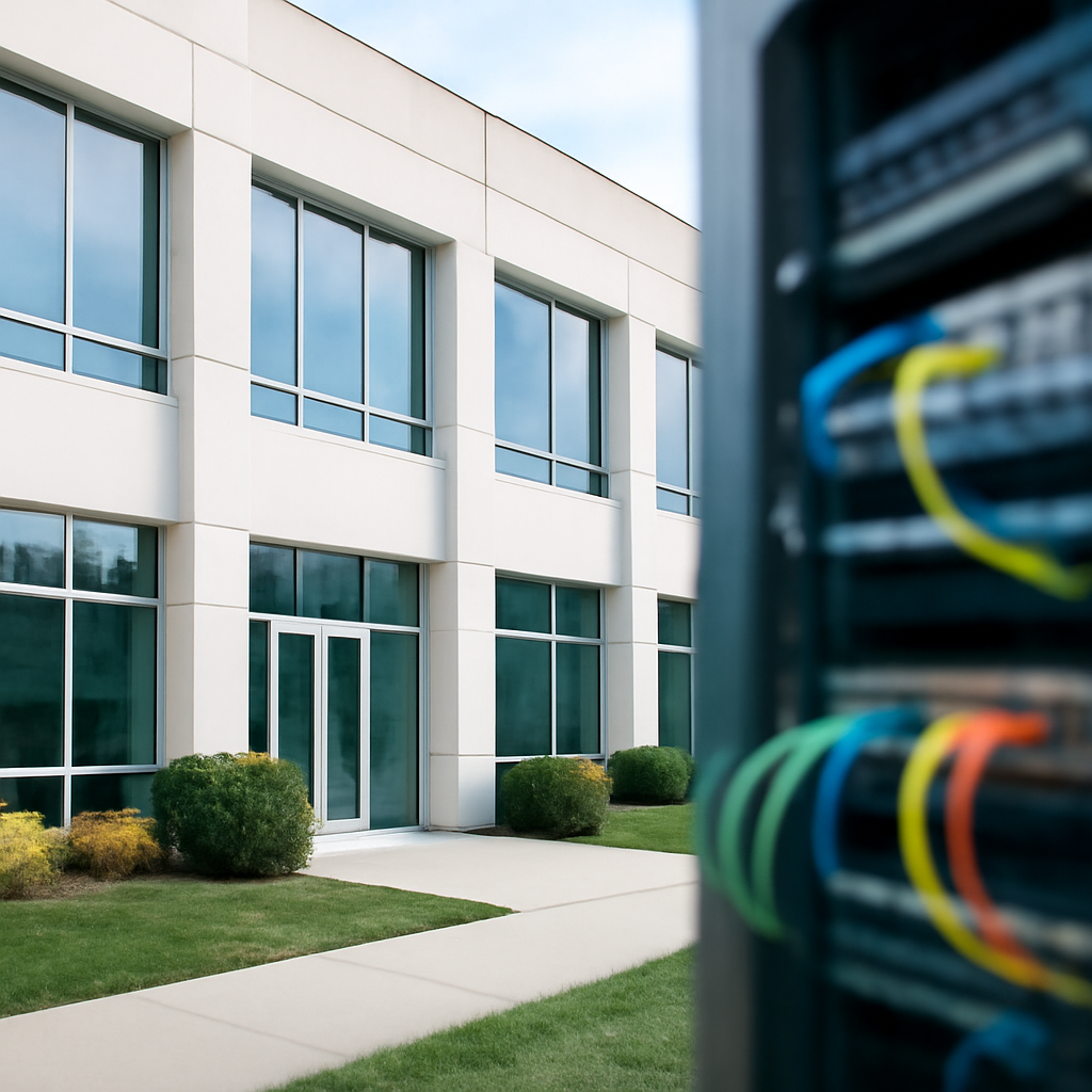 Corporate office building with subtle network infrastructure hint.