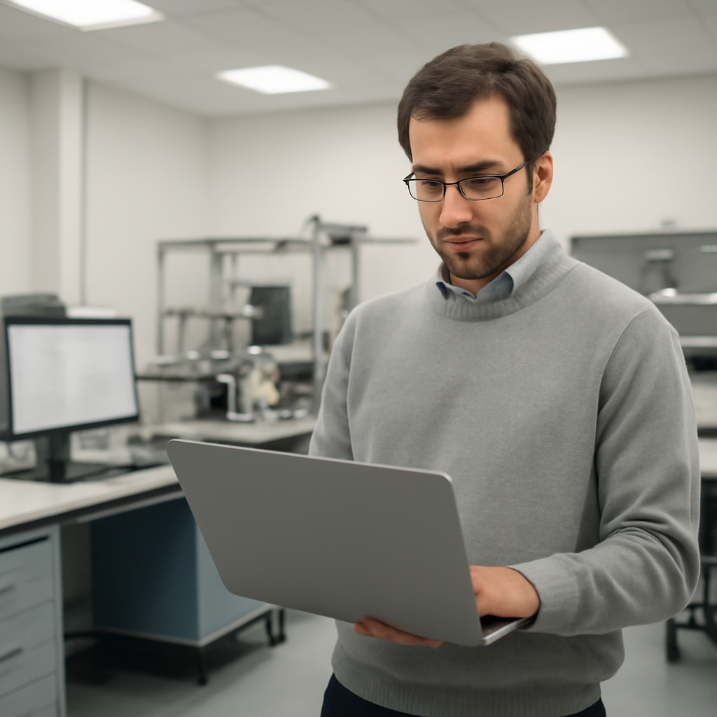 Researcher examines laptop screen in university lab setting.