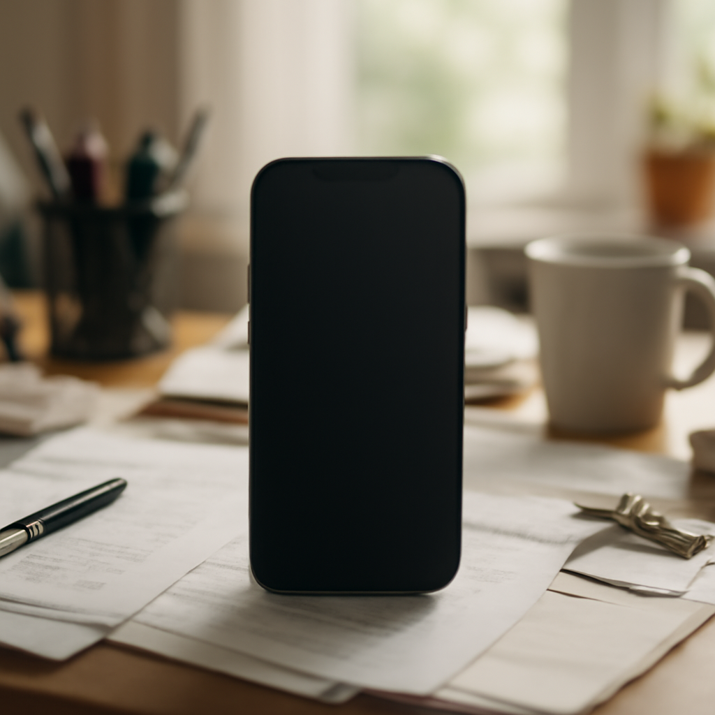 Smartphone on cluttered desk with blank screen in soft daylight.