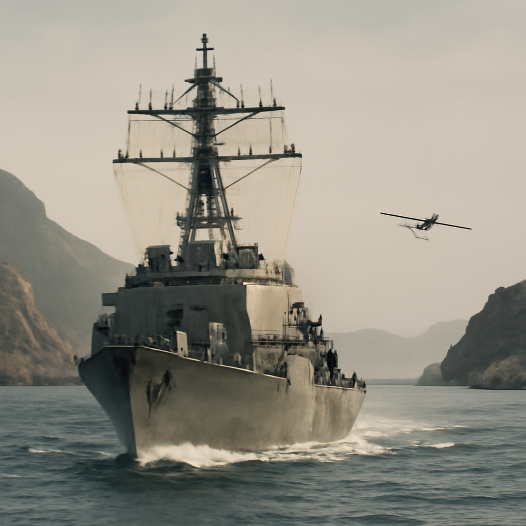 Naval vessel underway in narrow strait with rugged coastline and drone flying low over water.