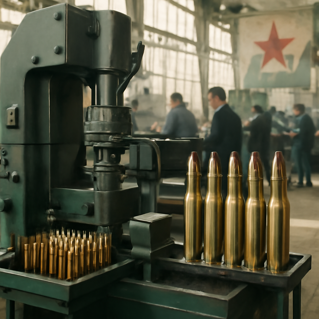 Factory floor with workers and machinery for ammunition production.