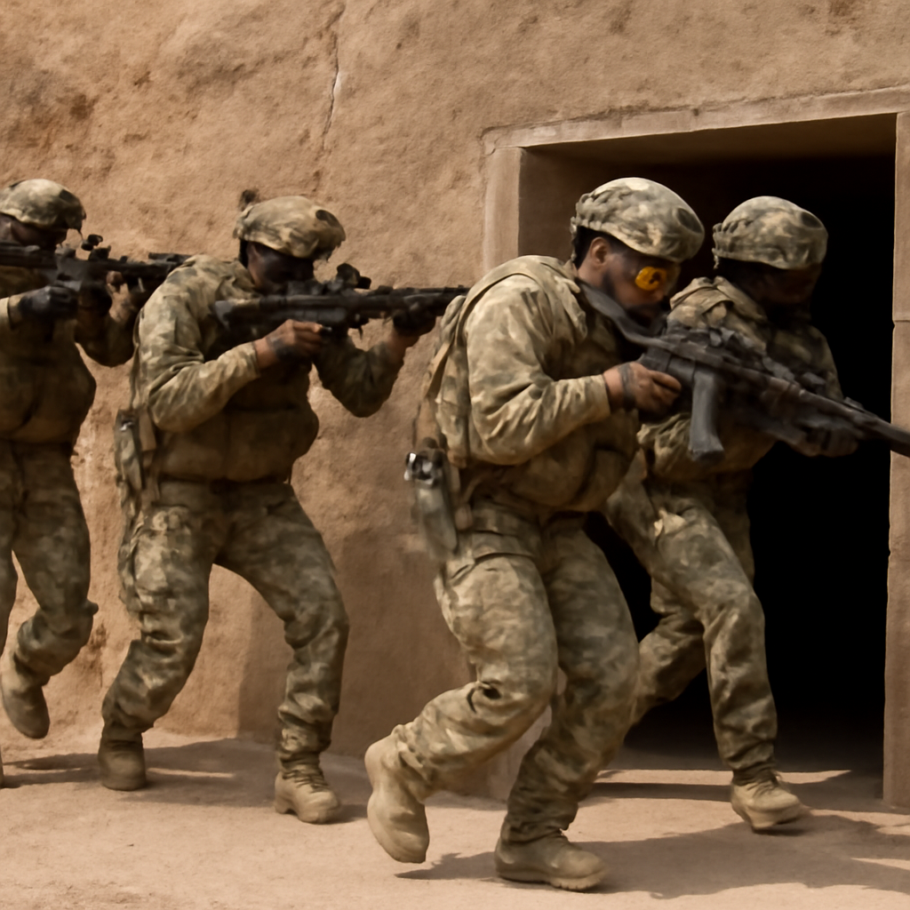 Moroccan special operators conduct tunnel-clearing operations in a rugged outdoor environment.