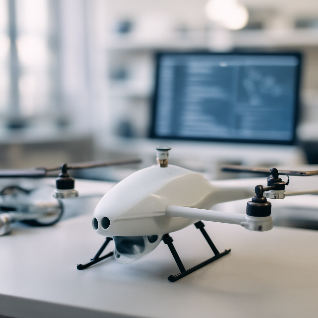 A small drone prototype sits on a workbench in a bright, minimalist lab setting.