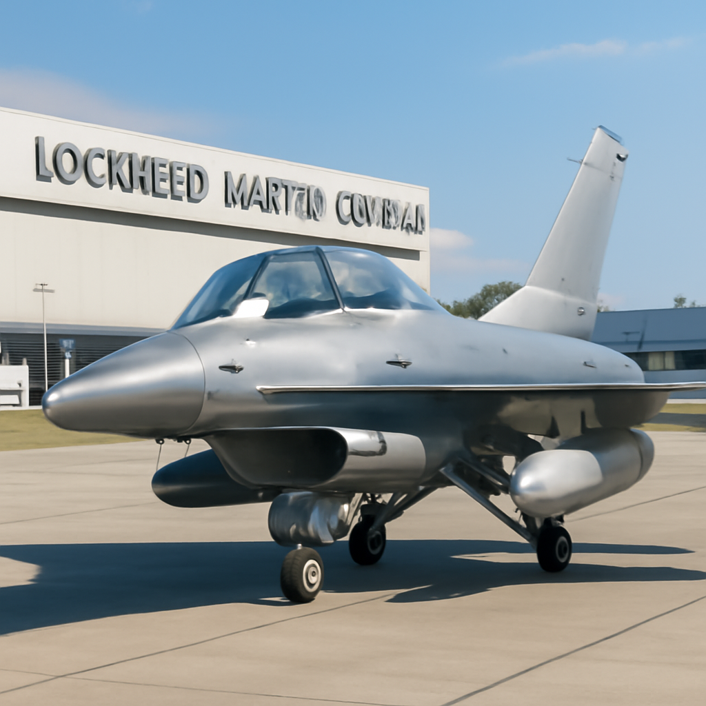 F-16D fighter jet on a runway at Lockheed Martin's Greenville facility with pilot visible.