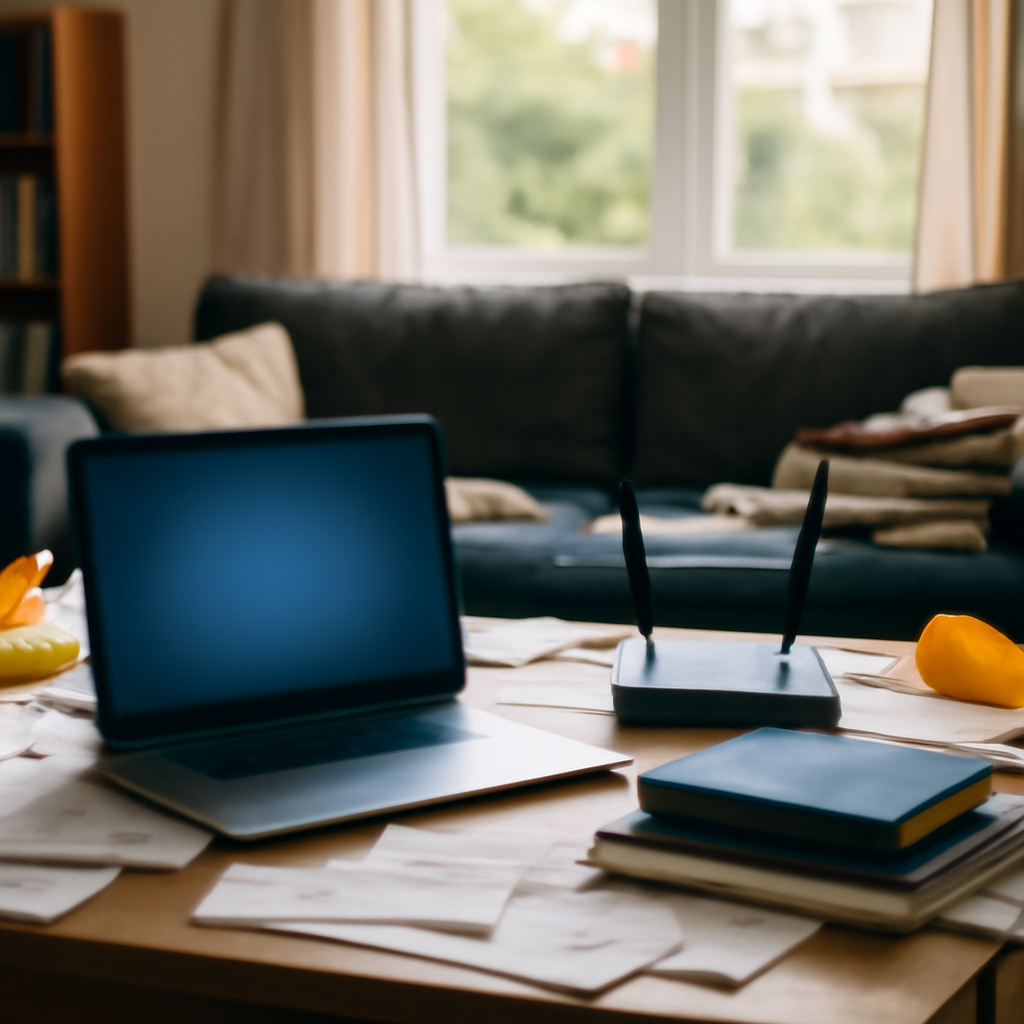 Cluttered home office with laptop and router on coffee table, surrounded by papers and snacks, with a blurred screen and…