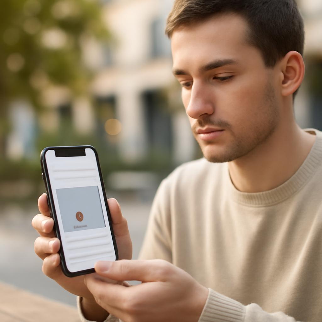 Person browsing on iPhone in outdoor setting with ad blocking active.