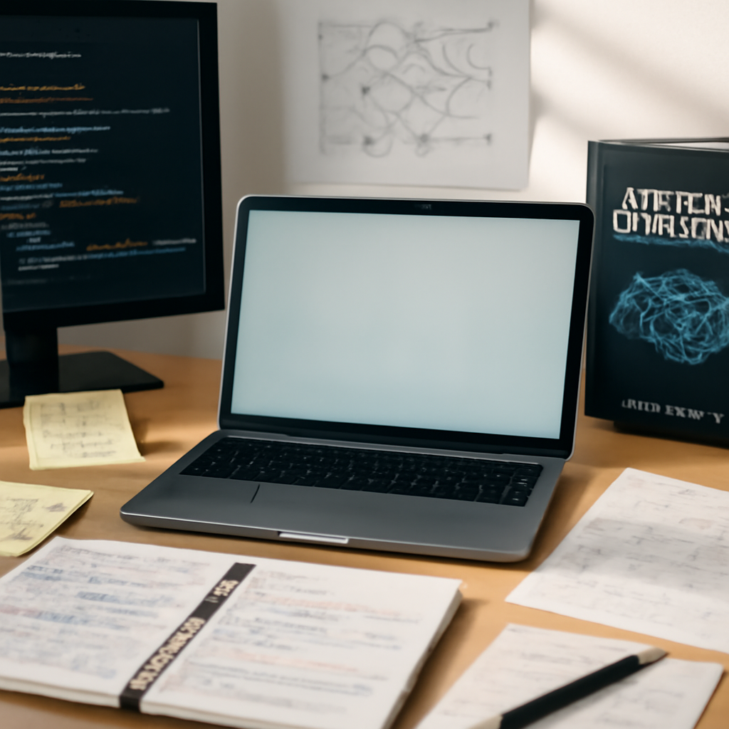 Cluttered desk with laptop, coding tools, and papers, hinting at software development work.