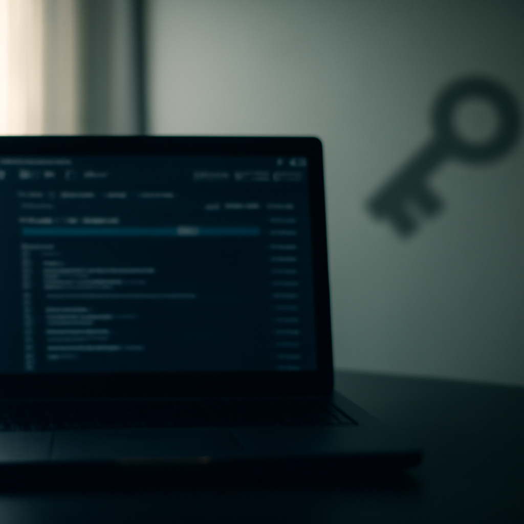 Secure computer terminal with blurred laptop screen and faint coding interface.