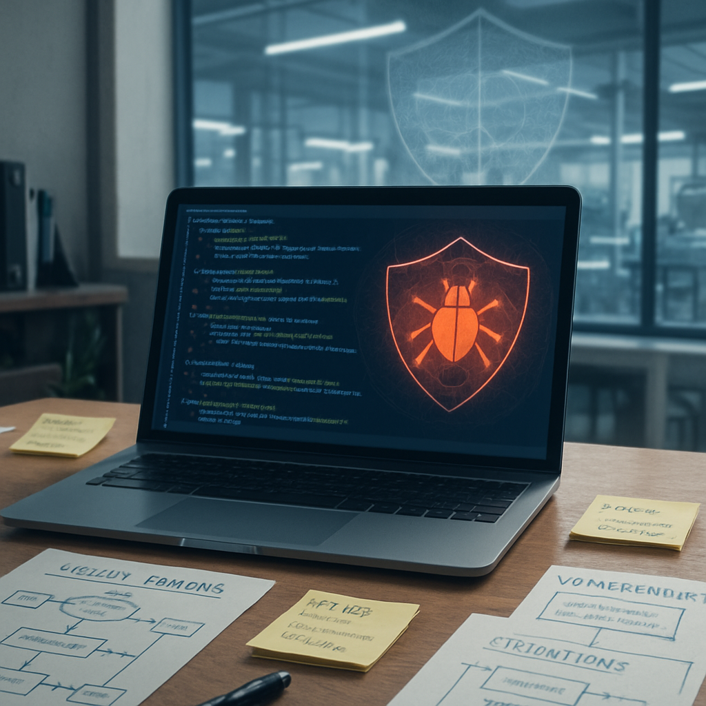 Cluttered developer's workstation with code on laptop and notes, set against a high-tech lab backdrop.