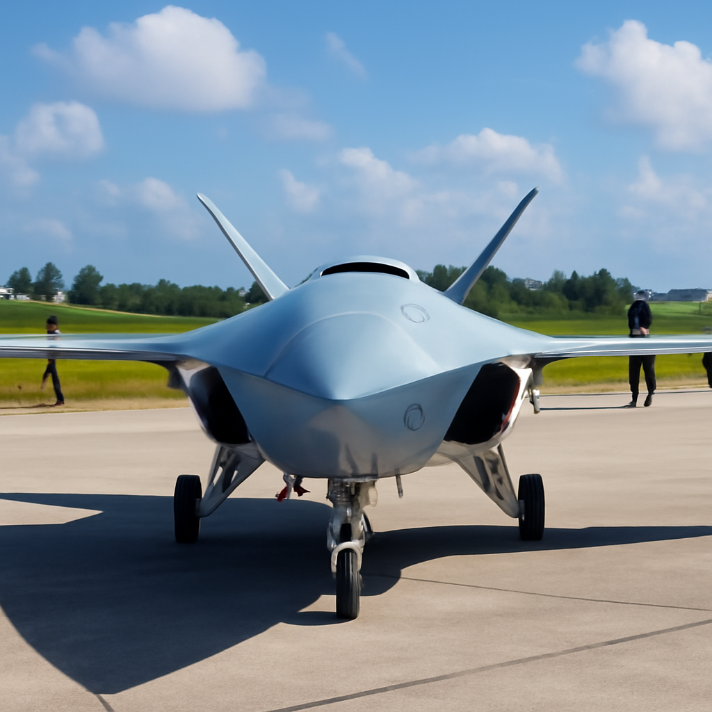 MQ-28 Ghost Bat drone on a runway with personnel in the background.