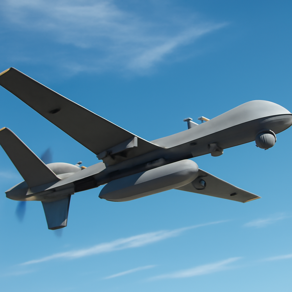MQ-9 Reaper drone in flight with airborne early warning radar pod under fuselage.