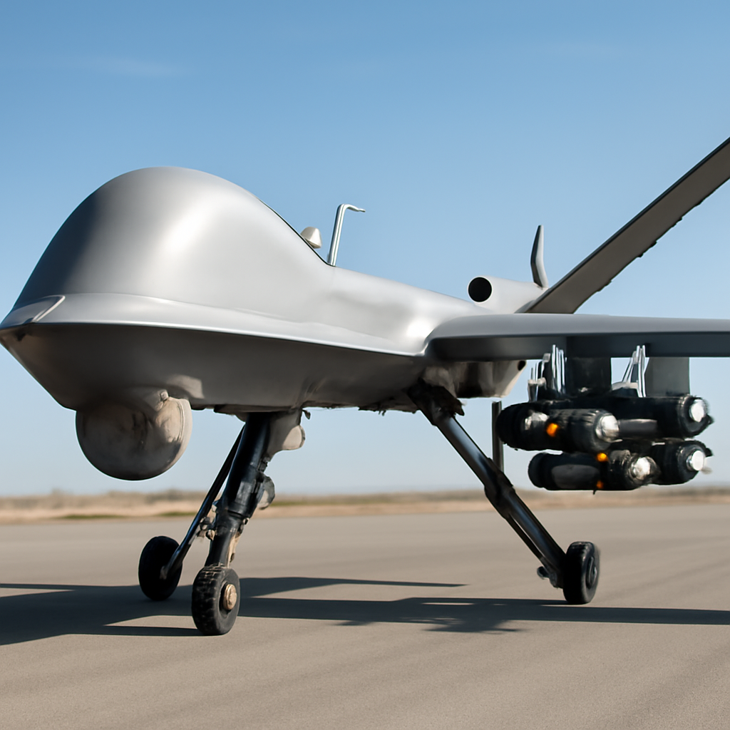 MQ-9 Reaper drone on a runway, armed with laser-guided rockets, under a clear blue sky.