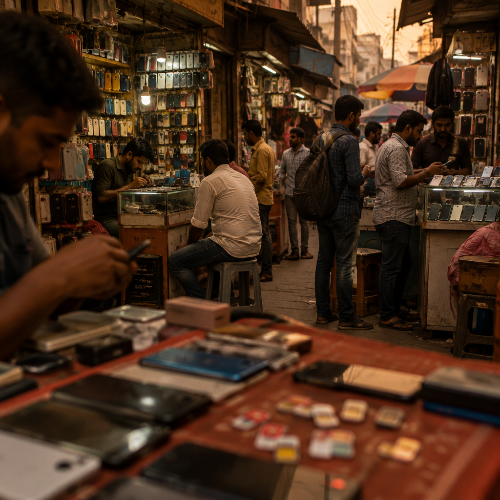 A cluttered street market scene in an Indian city with mobile phone vendors and repair shops under warm daylight.