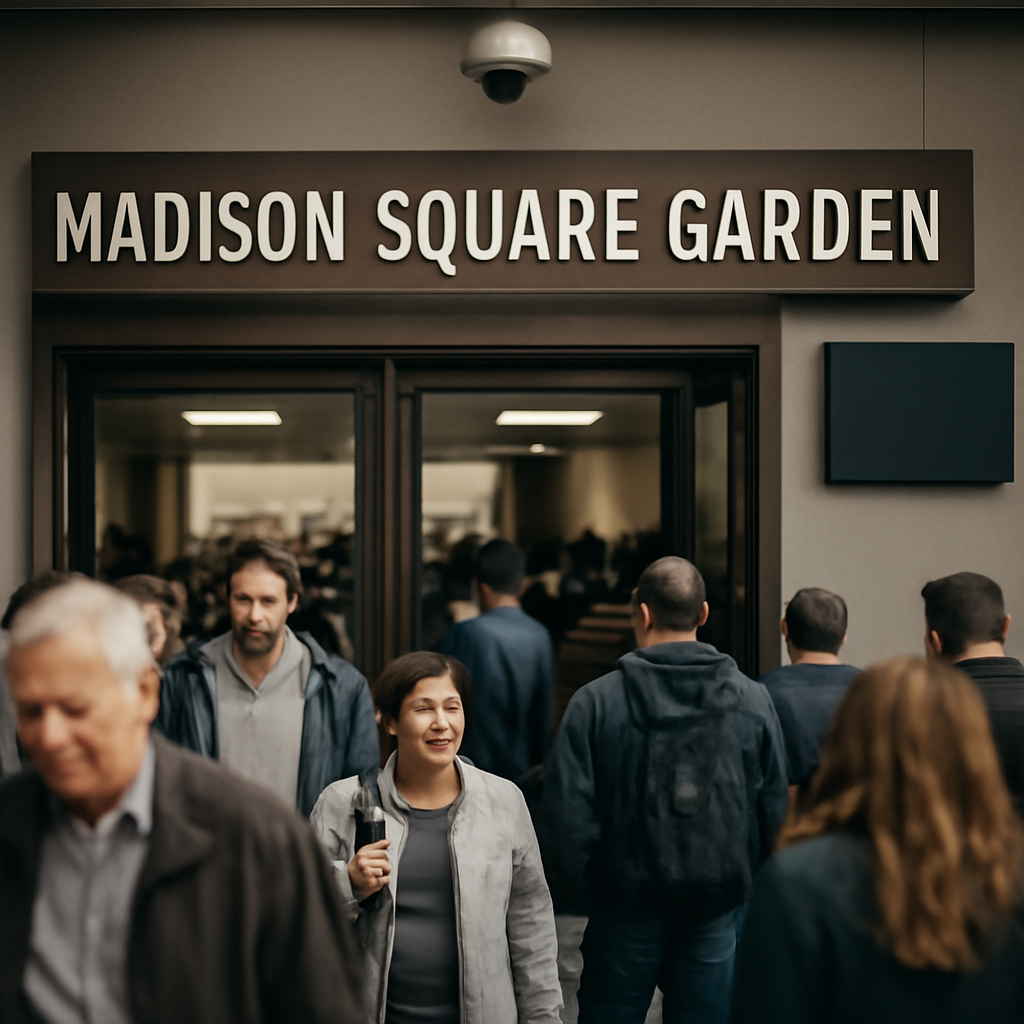 Crowded MSG entrance with people of various ages and backgrounds, hint of facial recognition camera above doorway.
