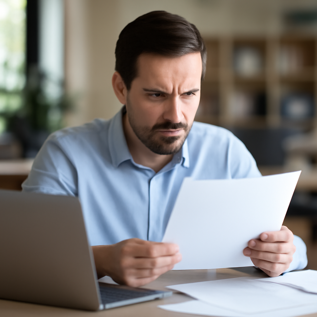 Concerned office worker scrutinizes a paper at their cluttered desk.