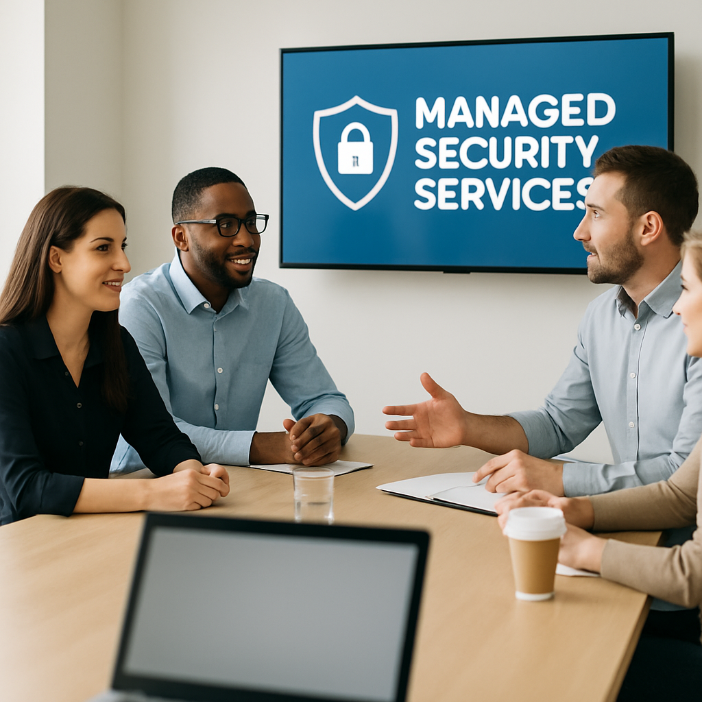 Professionals discuss cybersecurity in a well-lit office setting with a presentation screen and laptop.
