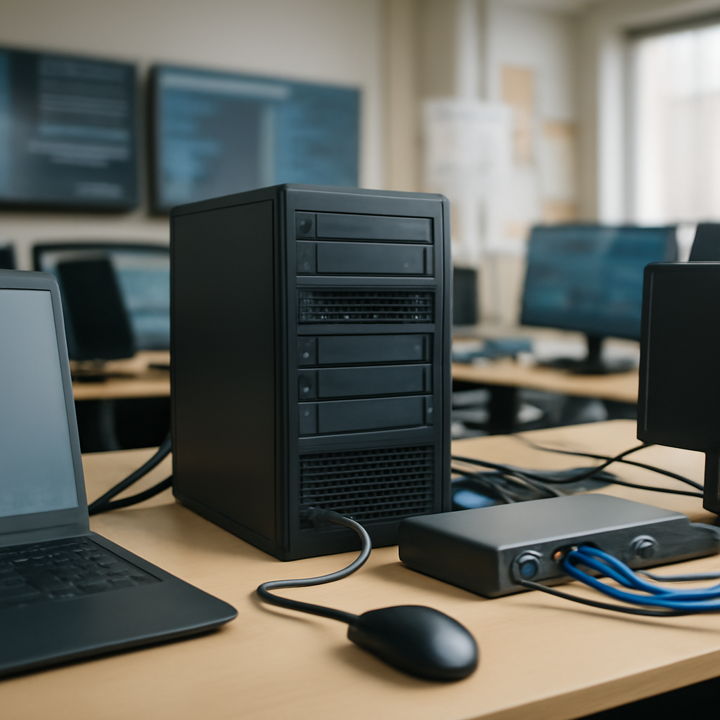 Brightly-lit IT support environment with a central computer workstation.