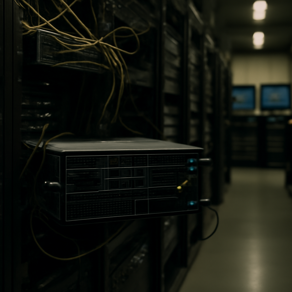 Rack-mounted servers and equipment in a network operations center with a focus on a central server group.