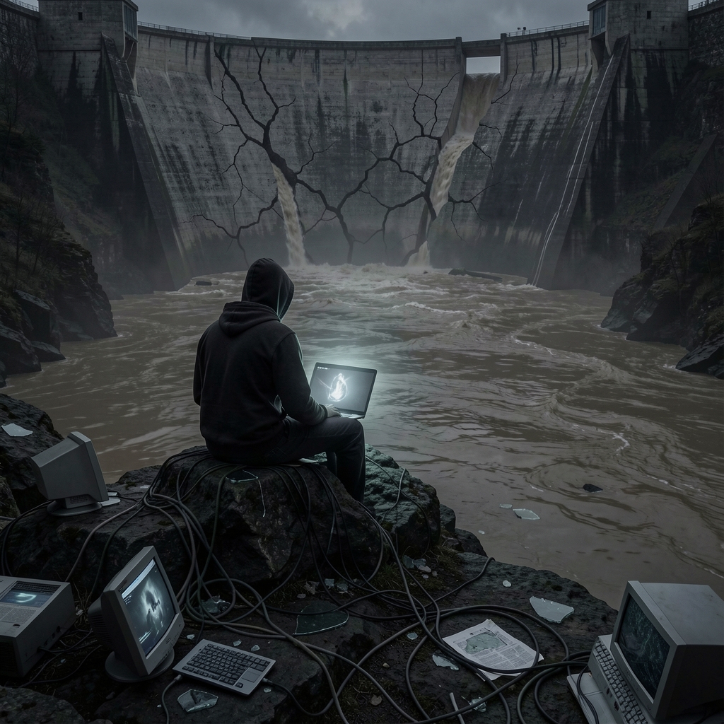 Dark landscape with cracked dam, lone figure amidst shattered screens and wires.