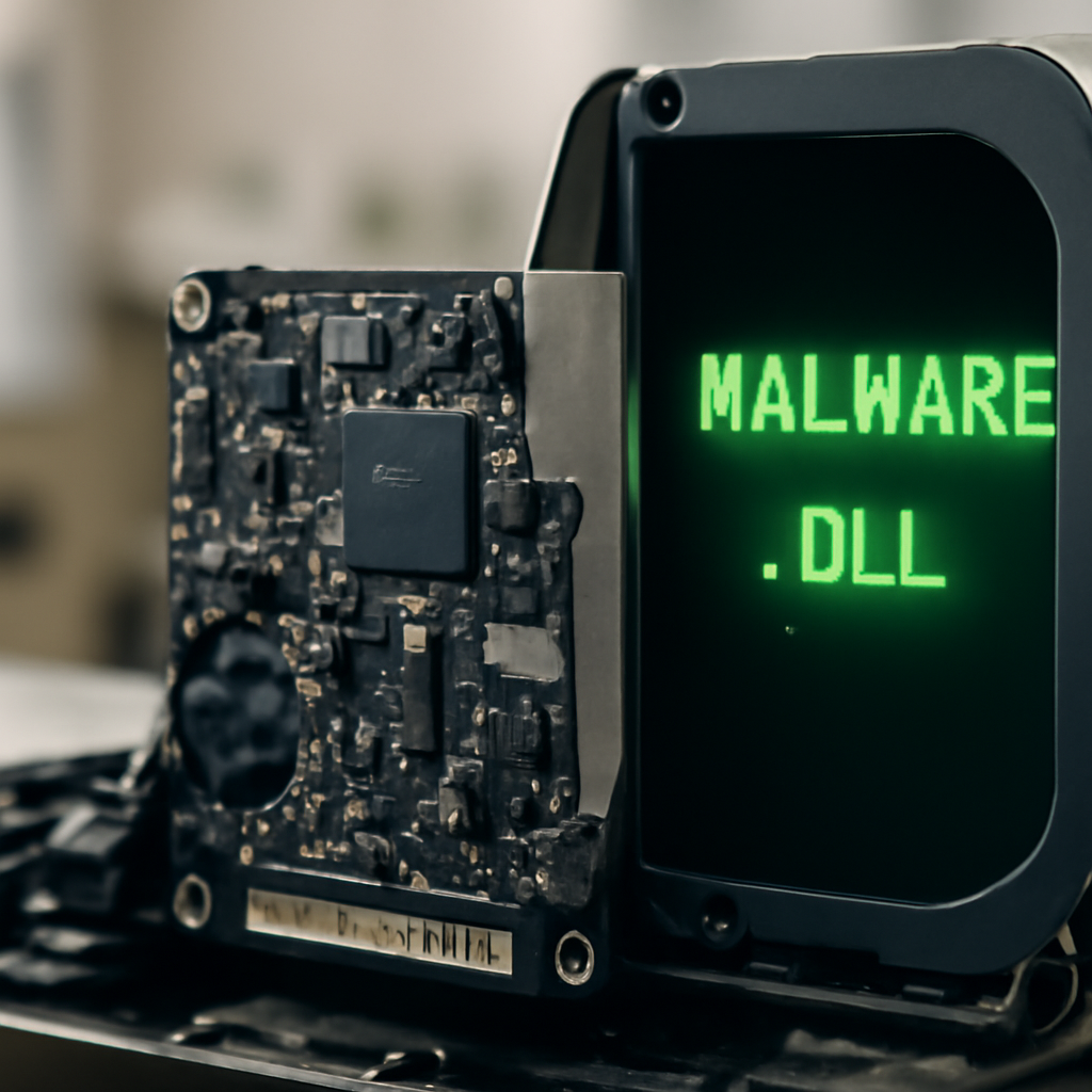 Close-up of computer circuit board with exposed casing revealing abstract malicious code in background.