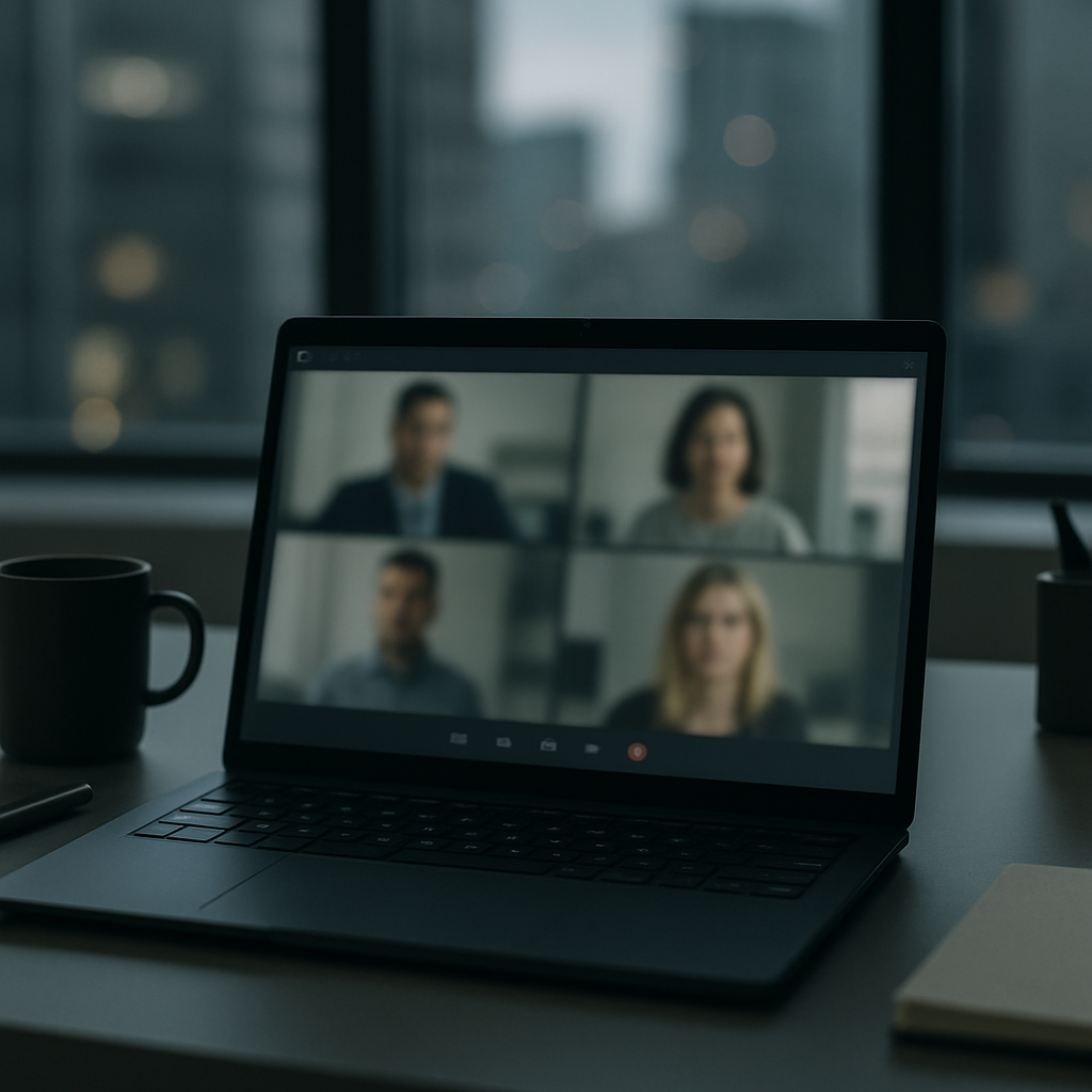 Laptop screen displays Microsoft Teams meeting in modern office setting with blurred cityscape background.