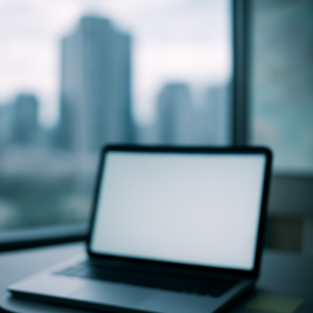 Blurred cityscape with office workstation and blank computer screen.
