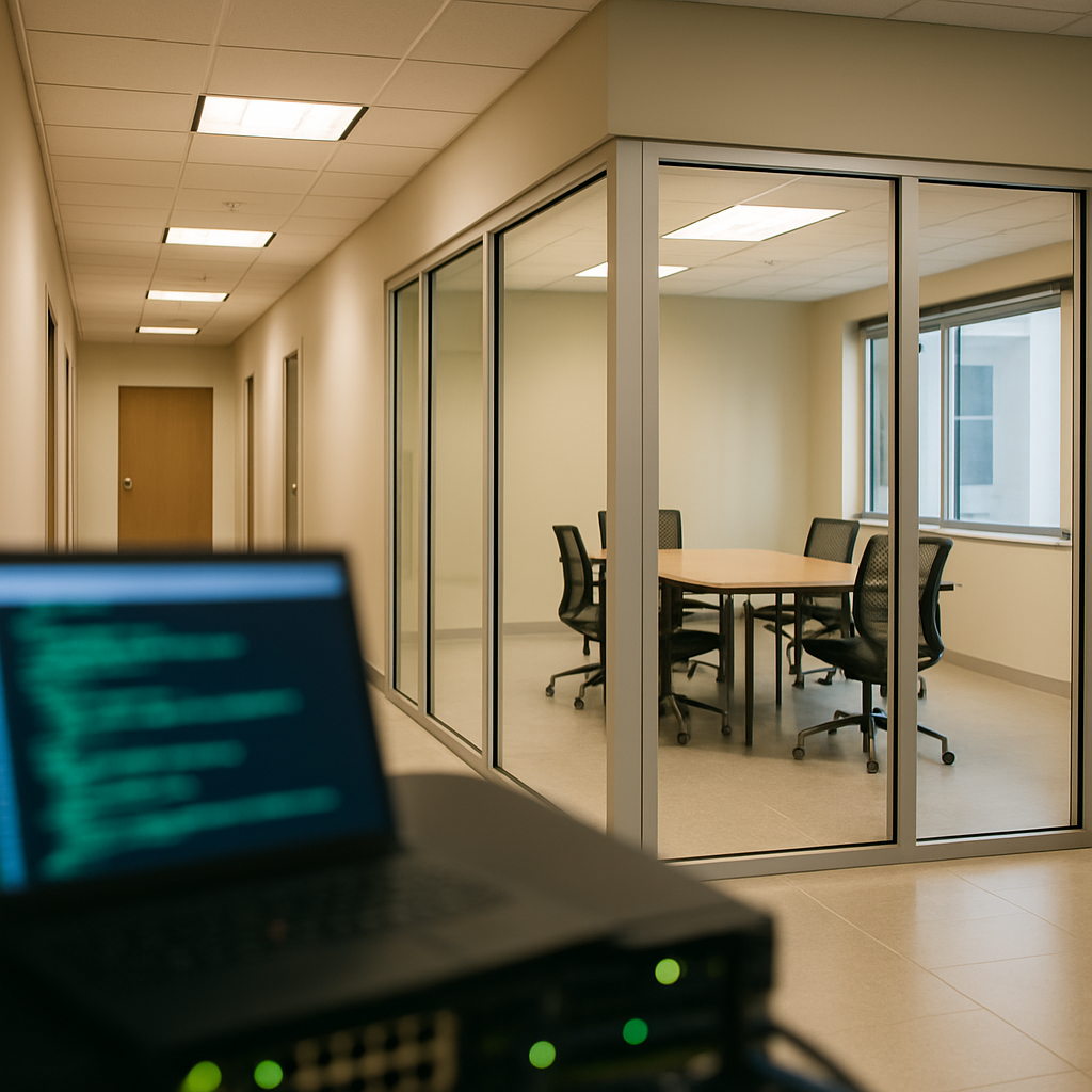 Modern office interior with subtle hints of cyber activity in the background.