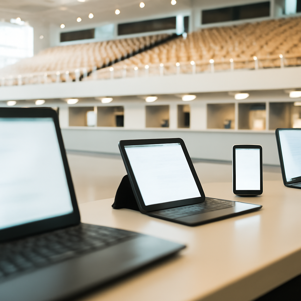 Empty seats and scattered devices in a large public venue's ticketing area.