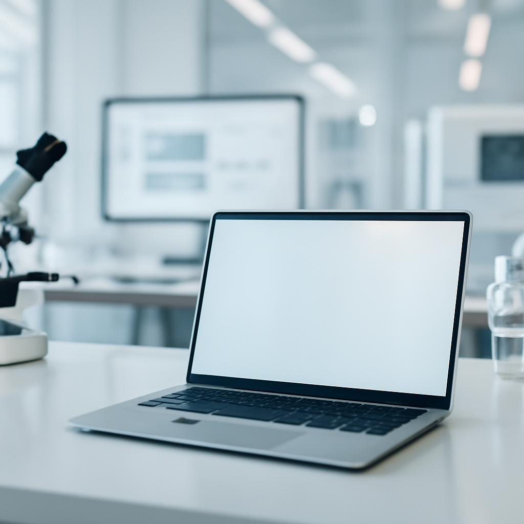 Modern tech facility with laptop on clean surface, surrounded by lab equipment.