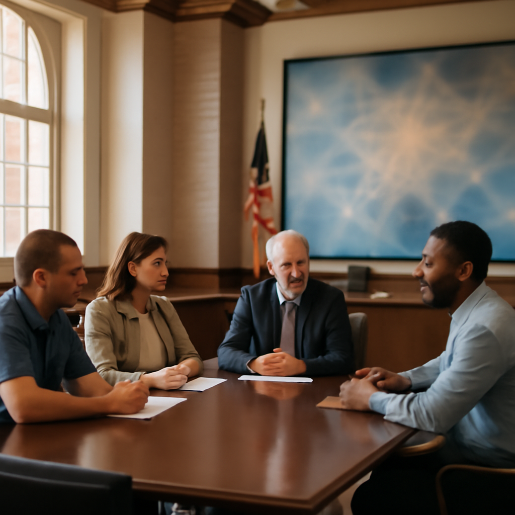 Municipal workers meet around a conference table with a blurred network infrastructure visual in the background.