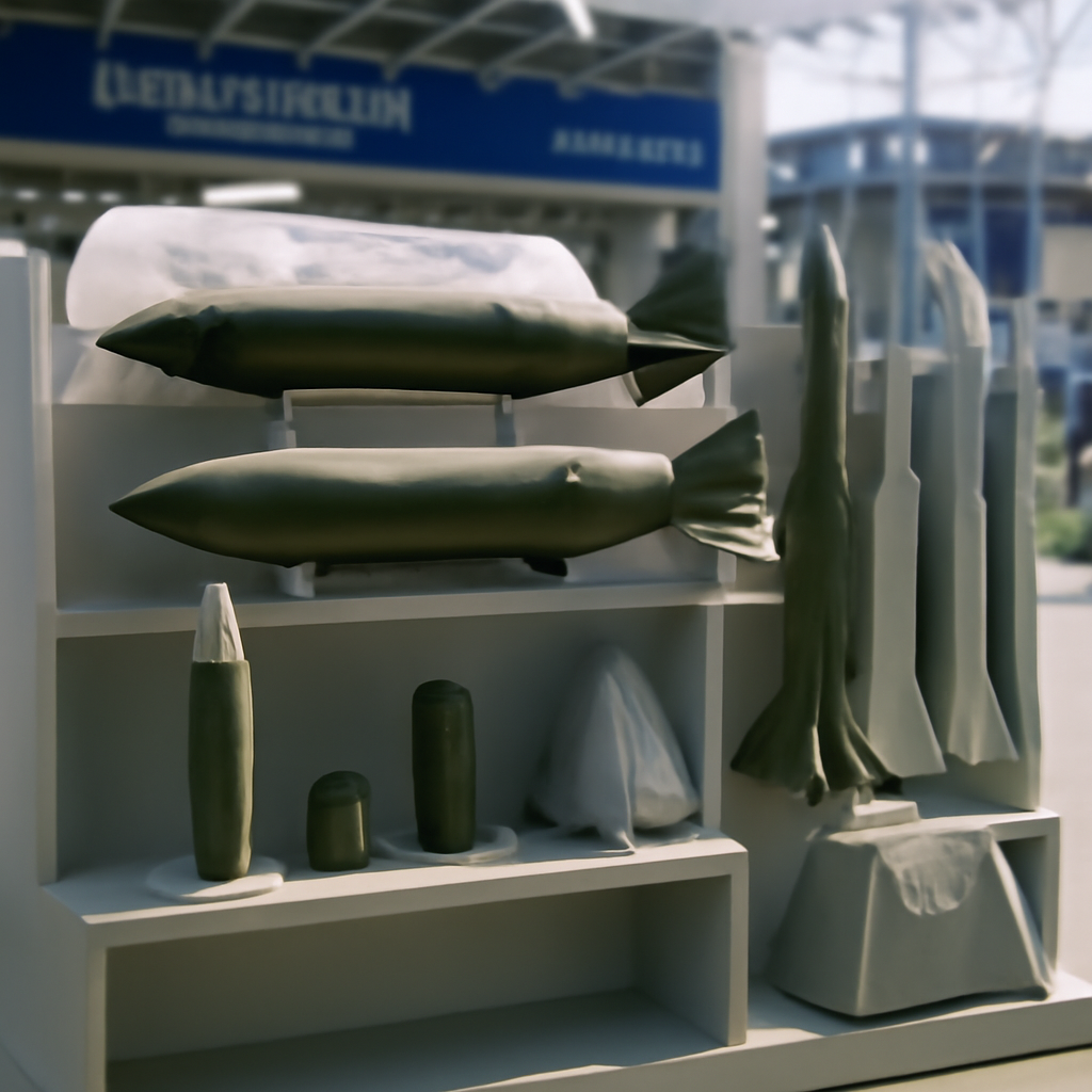 Munitions arranged on exhibition stand at airshow, some covered with cloth or plastic.