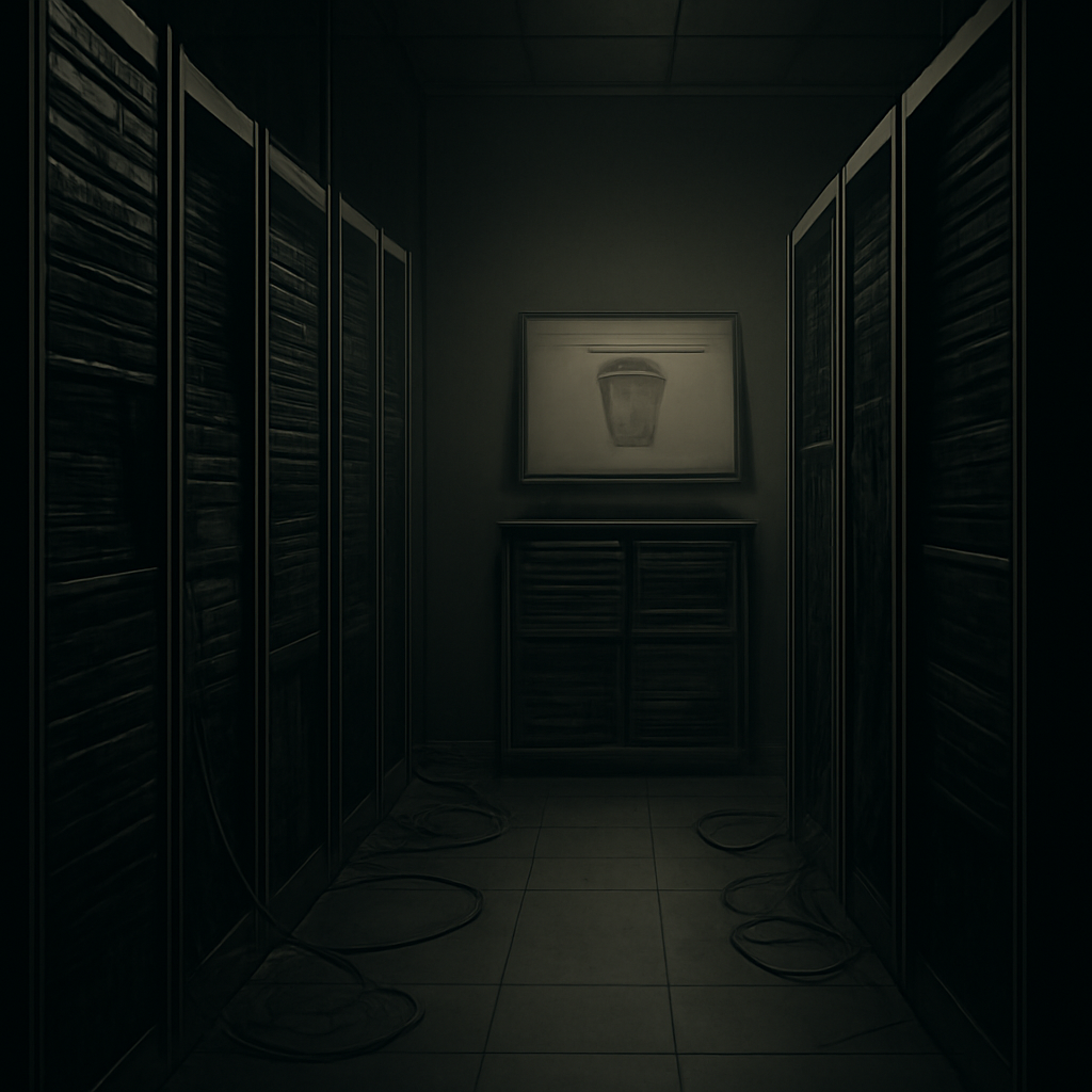 Dimly lit server room with exposed cables and a hint of data deletion.