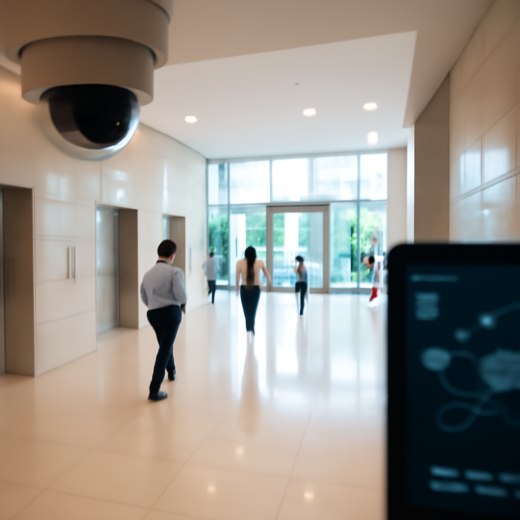 Office building lobby with blurred security camera and people walking, hint of network connection on screen.