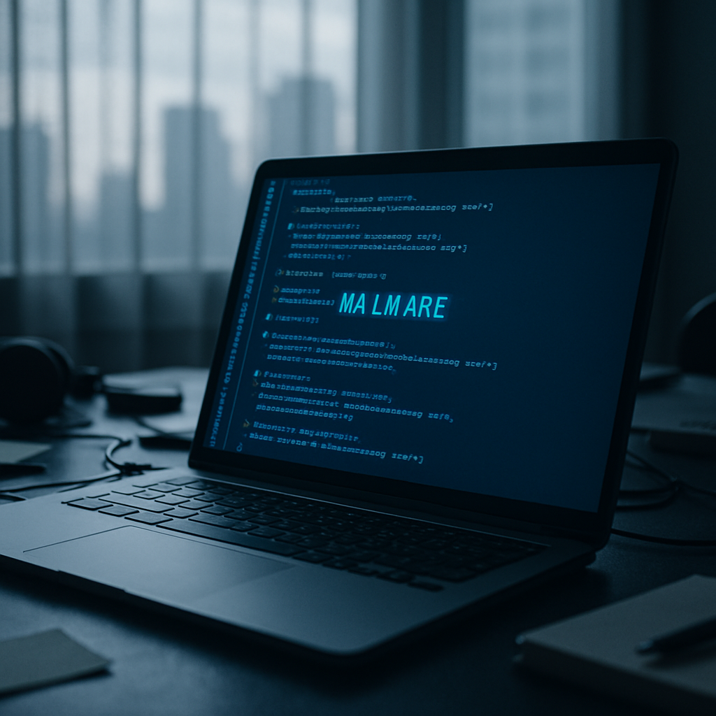 Laptop screen displays code with cityscape visible through window in background.