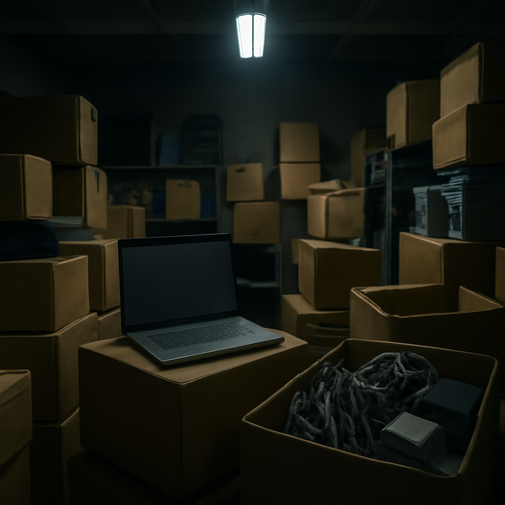 Dimly lit warehouse storage room with stacked cardboard boxes and electronics equipment.
