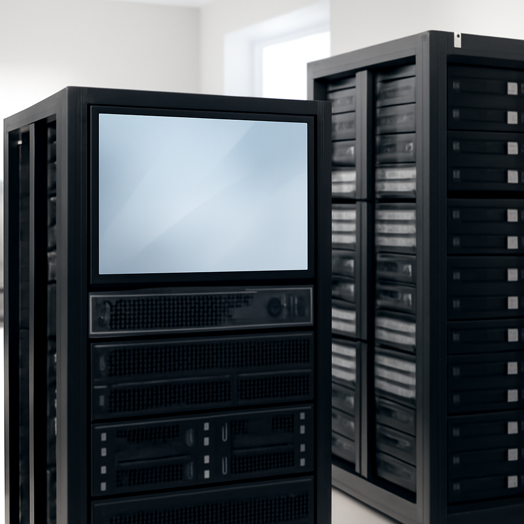 Server room with rows of computer equipment and a prominent server in the foreground.