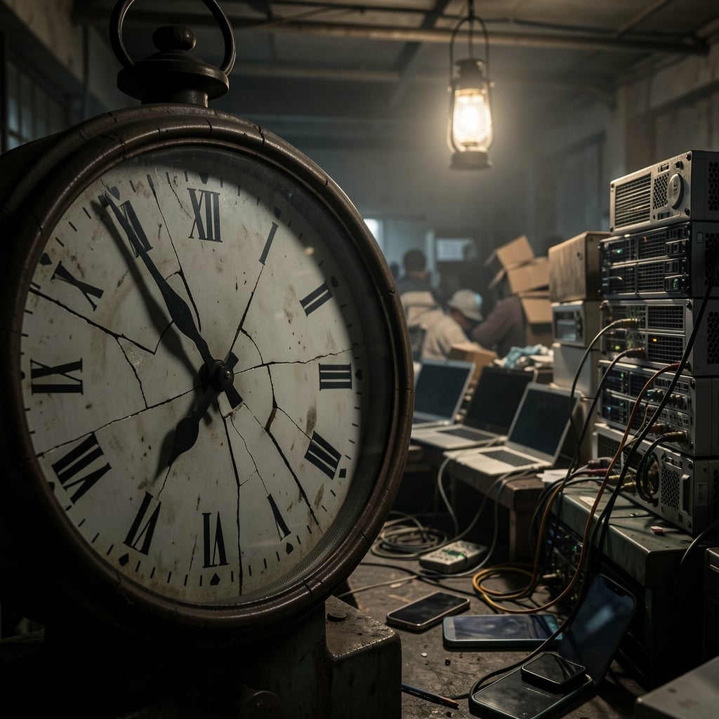Ominous clock with cracked face looms over disorganized workshop, symbolizing software backlog and patching pressure.