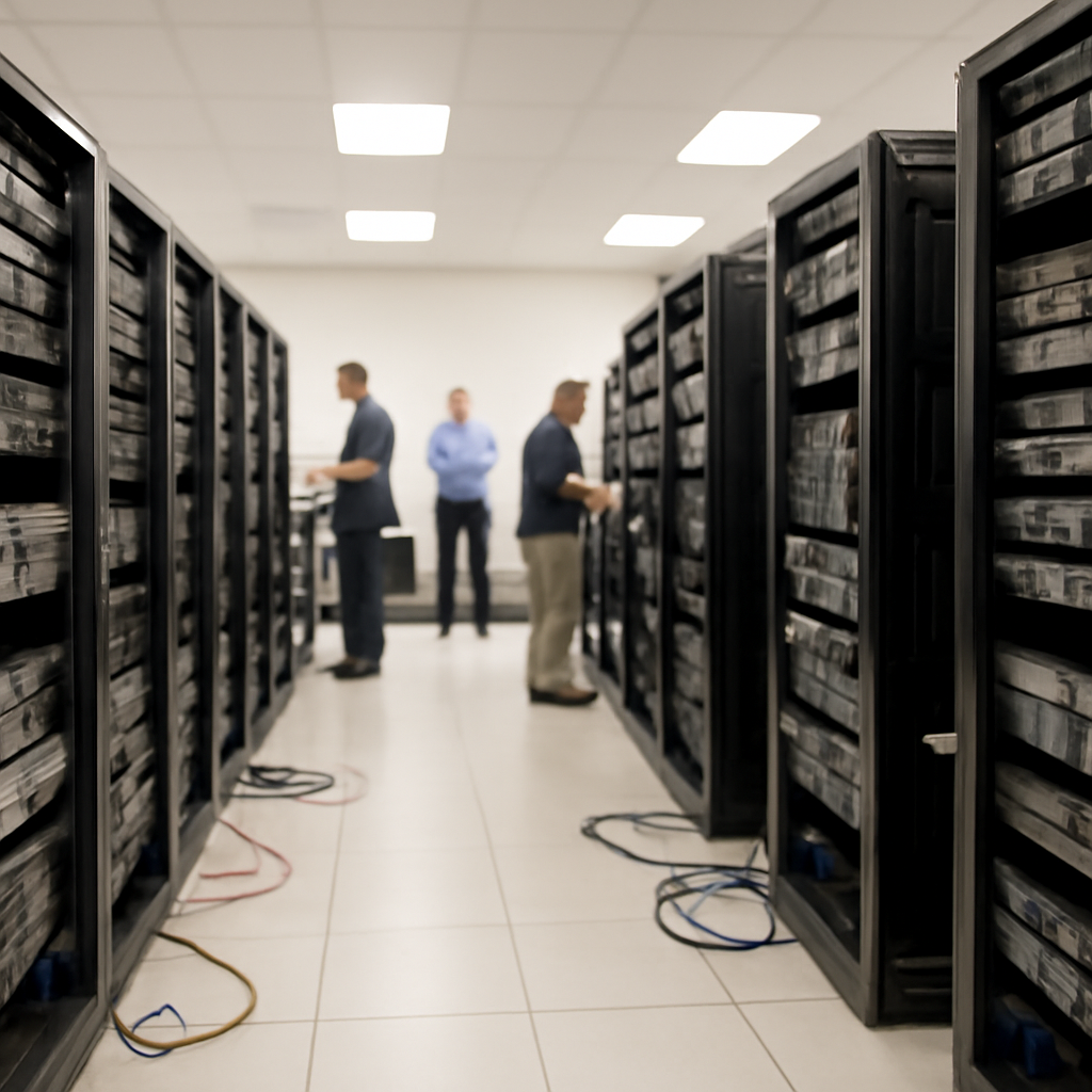 Server room with rows of computer servers and equipment, technicians in background.