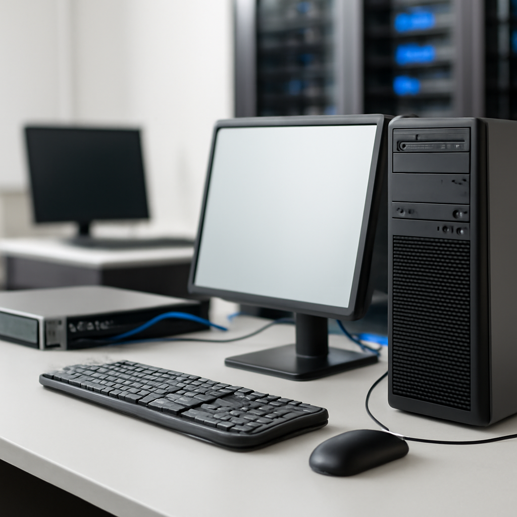 Remote monitoring workstation with computer and office equipment on a clean surface.