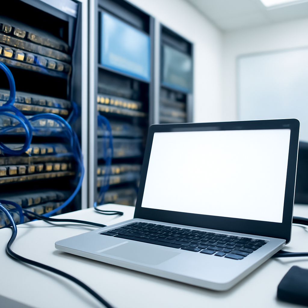 Modern IT management setting with a rack of equipment and workstation.