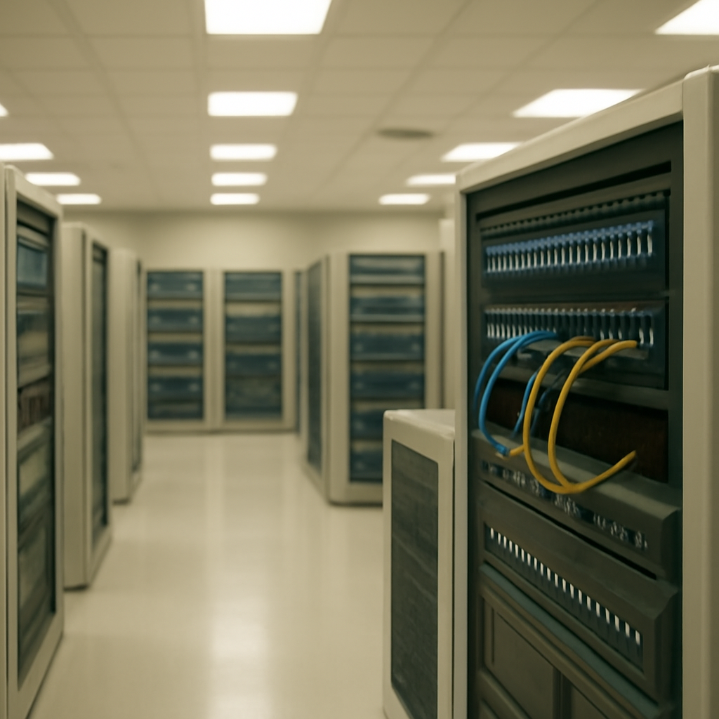Rows of computer servers and networking equipment in a brightly-lit server room.