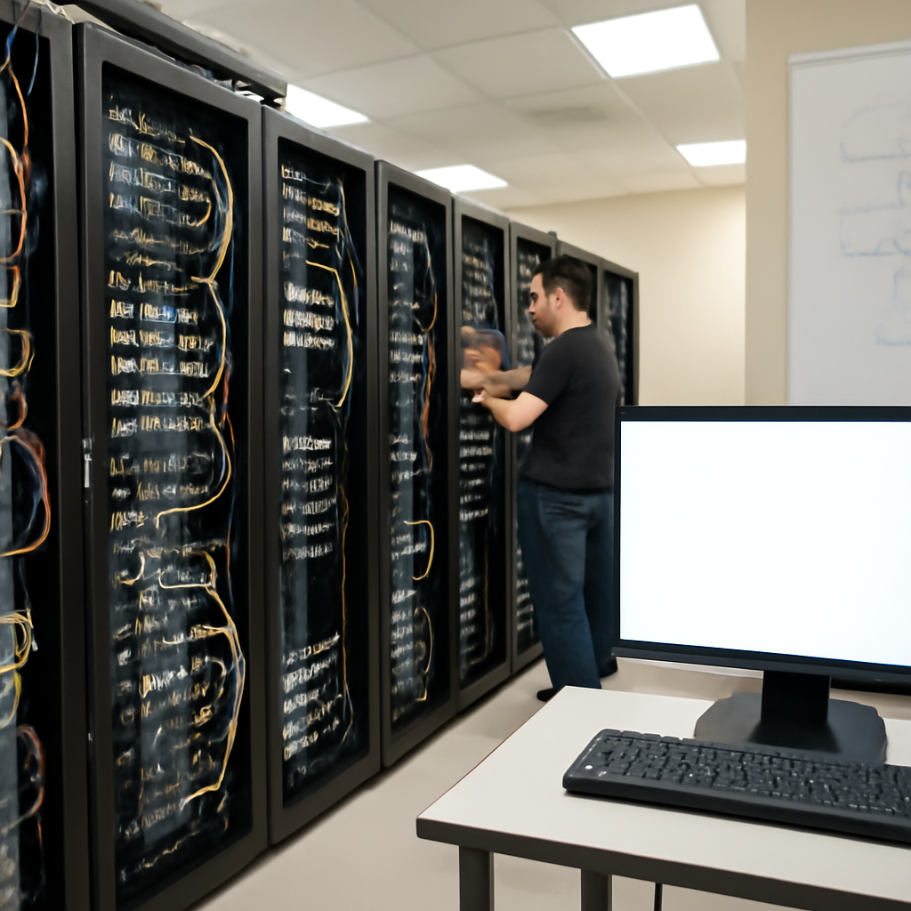 Server room with technician, computer racks, and cables, with a monitor and network diagrams nearby.