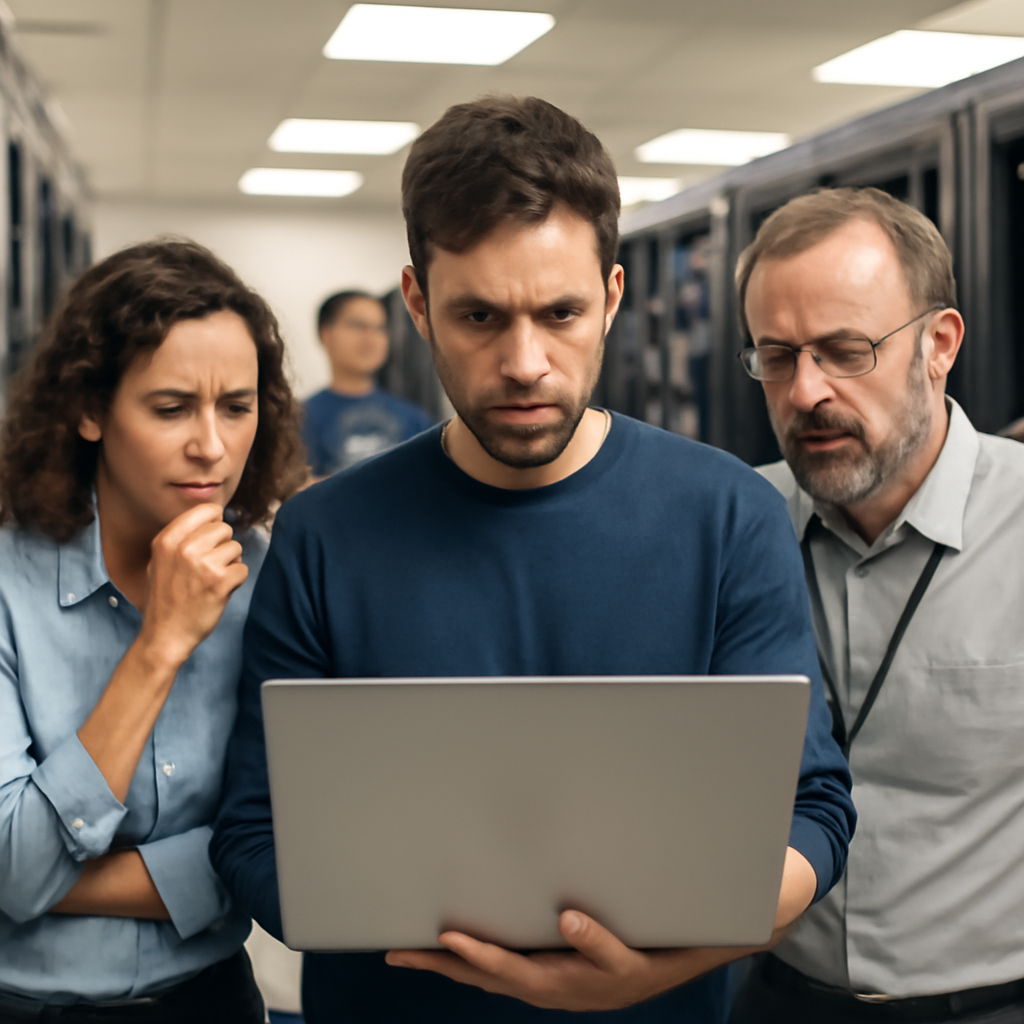 IT professionals in a server room examine a laptop with concern.