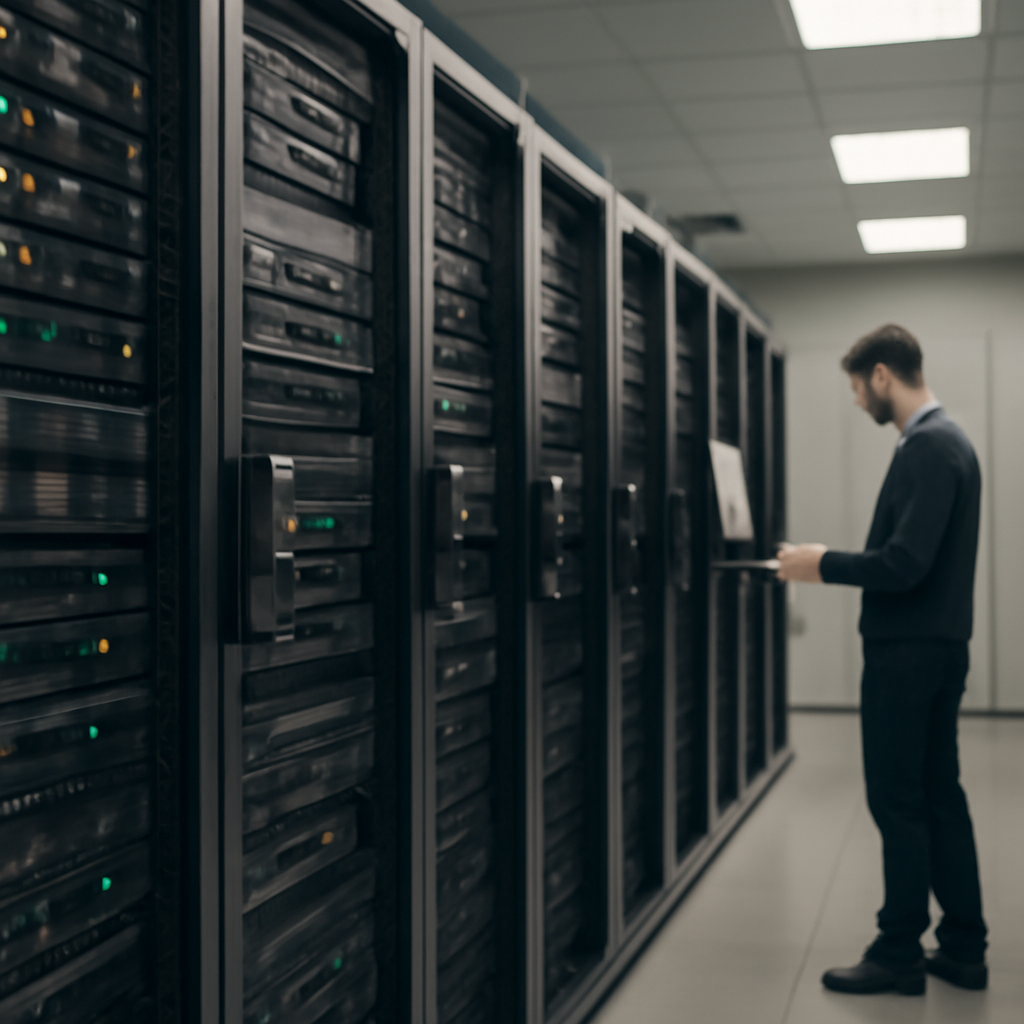 Server room interior with technician checking equipment in background.