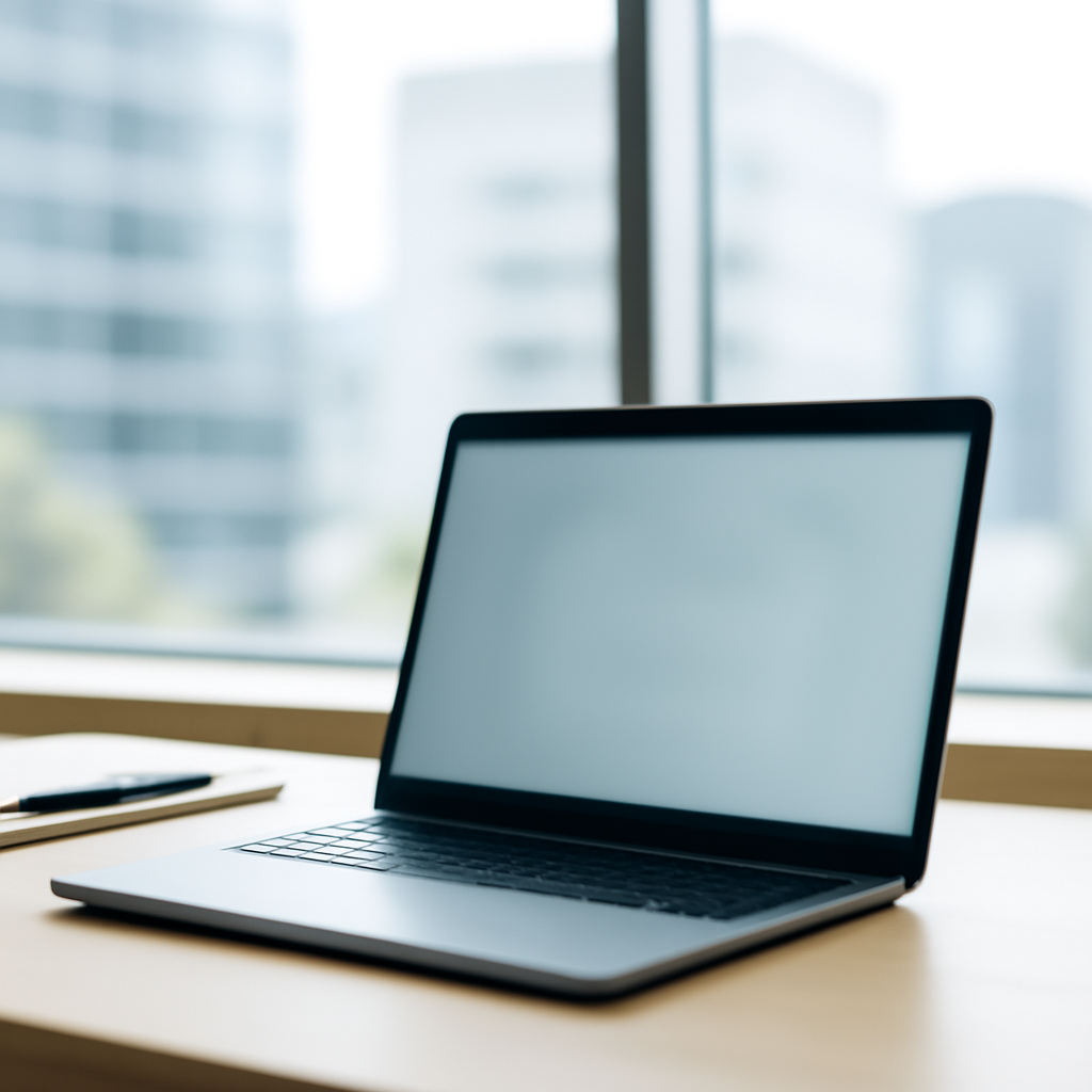Laptop on a desk in a brightly-lit office with a blurred cityscape in the background.