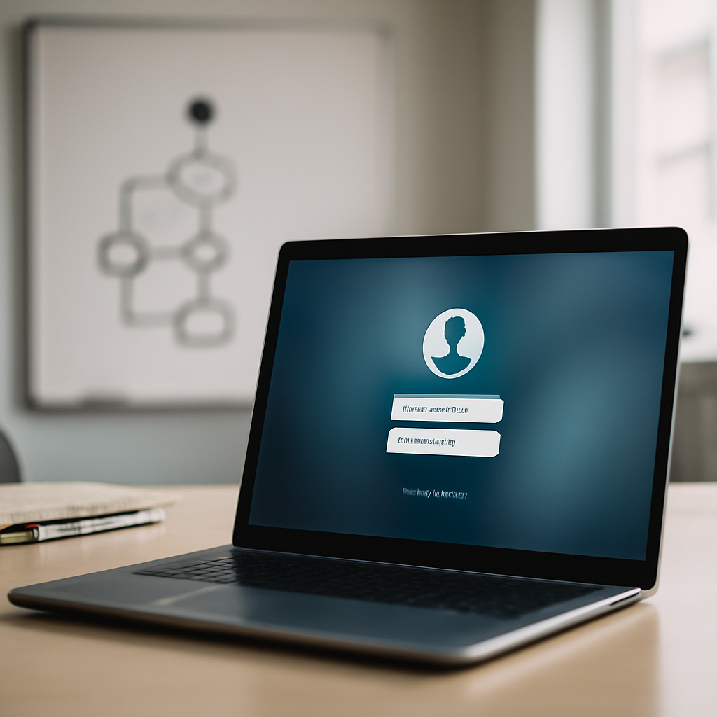 Blurred laptop screen on a modern office desk shows a workflow automation setup with security and authentication focus.