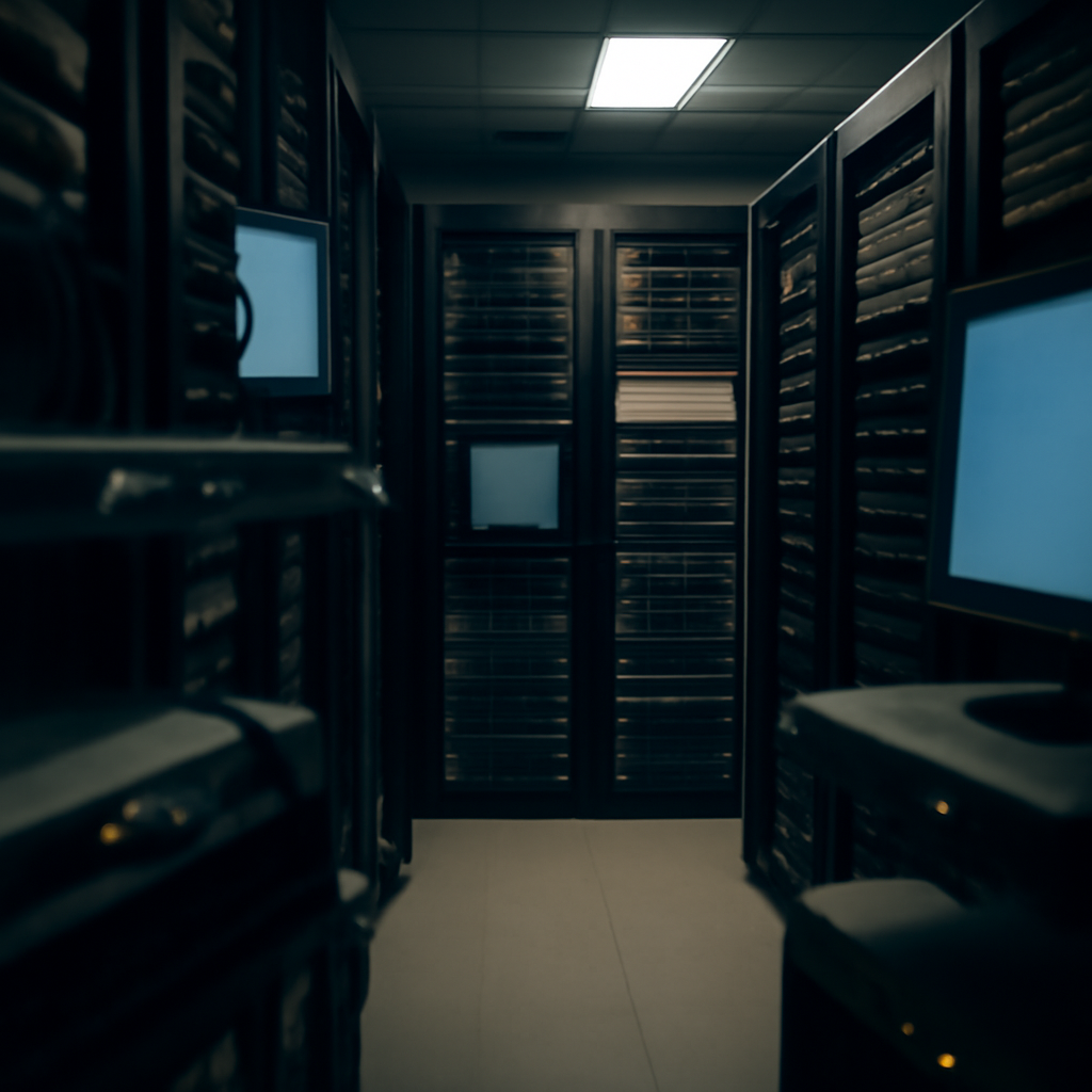 Dimly lit server room with rows of racked servers and networking gear.