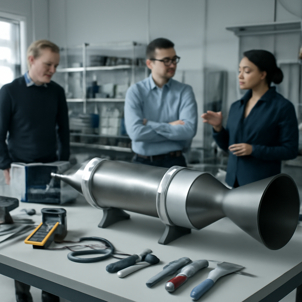 Engineers examine a prototype rocket motor on a workbench surrounded by tools and equipment.