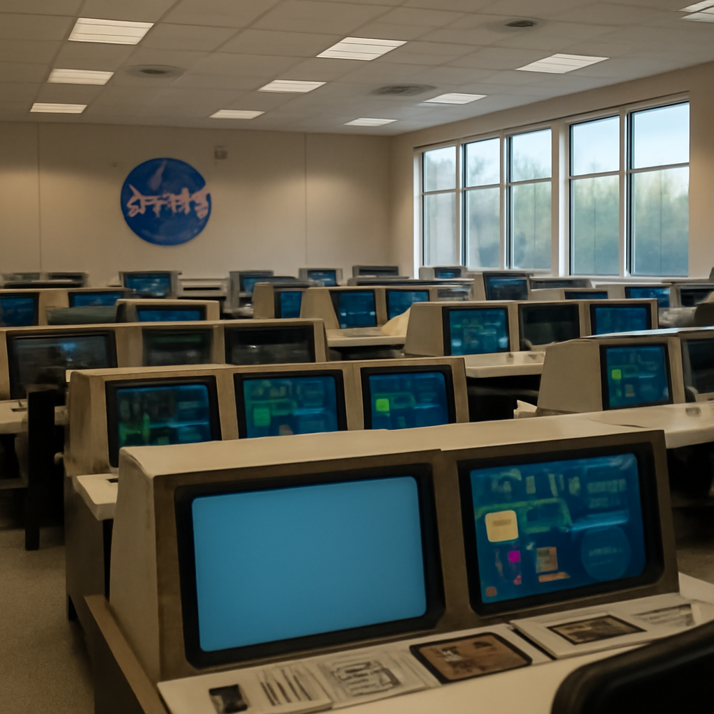 NASA control room with consoles and monitoring stations in a brightly-lit daytime setting.